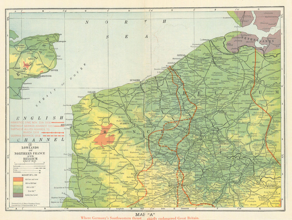 Ypres & Flanders lowlands—Western Front battle lines 1914–18—Hammond 1918 map