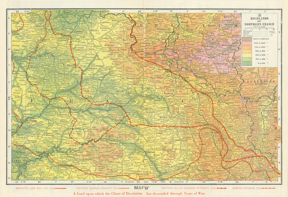 Somme to Verdun—Highlands of Northern France, lines 1914–18—Hammond 1918 map