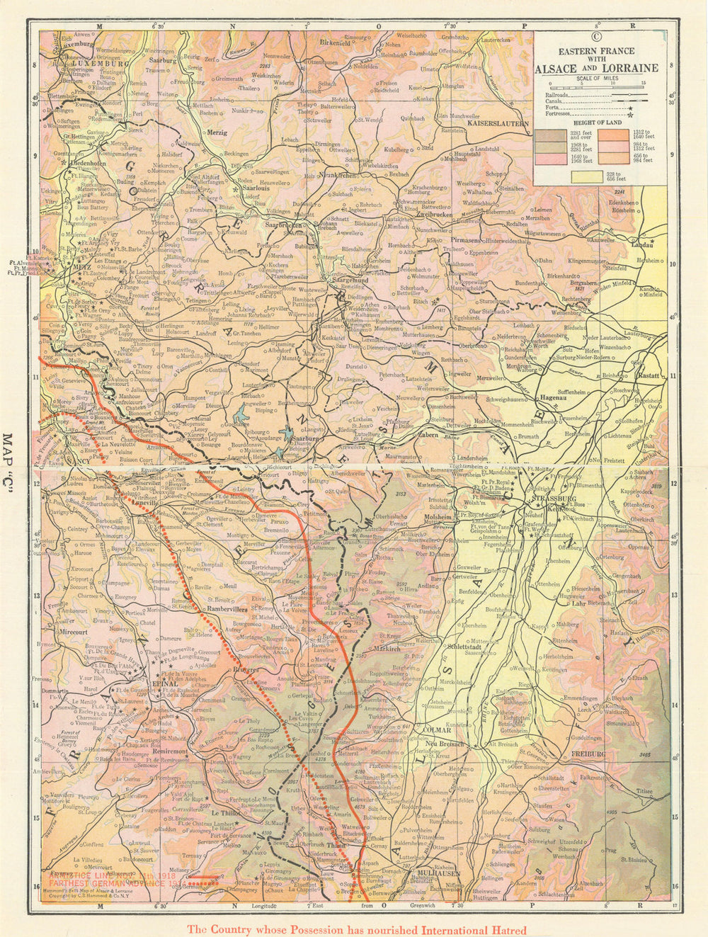 Alsace & Lorraine—Metz, Strasbourg & the Vosges, armistice line—Hammond 1918 map