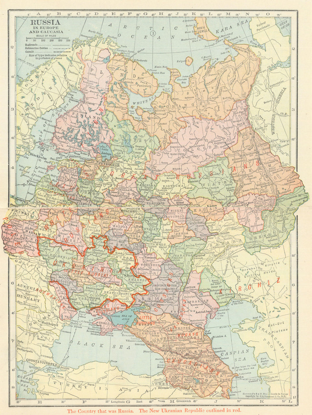 'The Country that was Russia'—new Ukrainian Republic in red—Hammond 1918 map