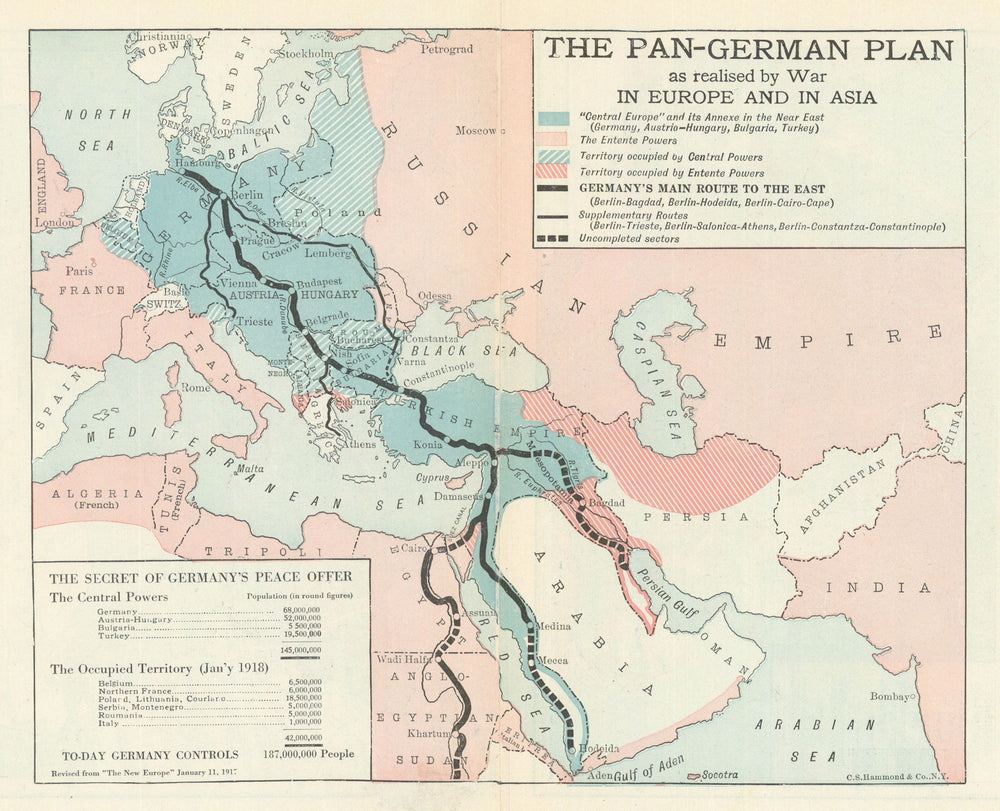 The Pan-German Plan—Berlin to Baghdad & the Cape—Propaganda map—Hammond 1918