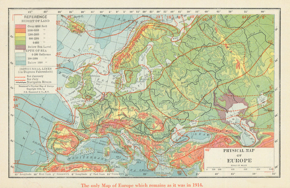 'The only Map of Europe that remains as it was in 1914'—Physical—Hammond 1918