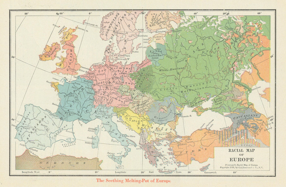 Racial Map of Europe—'The Seething Melting-Pot of Europe'—Hammond 1918 old