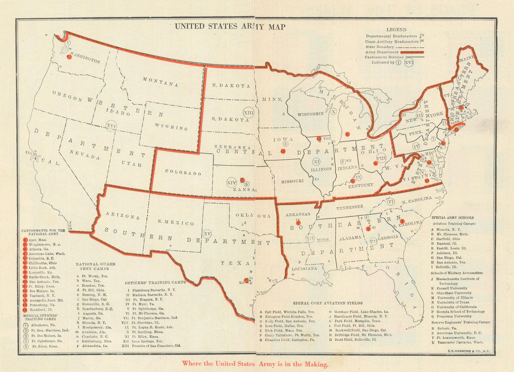 'Where the US Army is in the Making'—cantonments & airfields—Hammond 1918 map