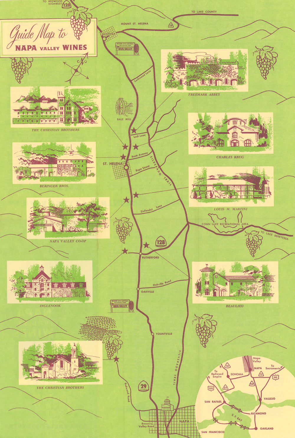 Guide Map to Napa Valley Wines—Historic Wineries/Pre-Robert Mondavi c1960