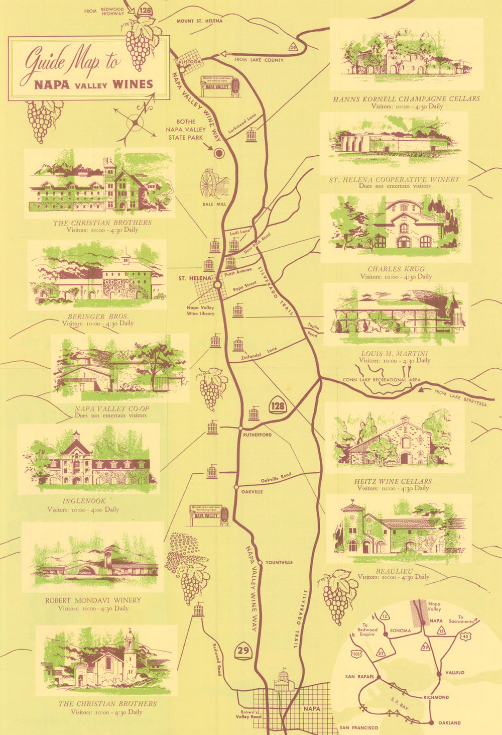 Guide Map to Napa Valley Wines—Robert Mondavi & Historic Wineries c1967