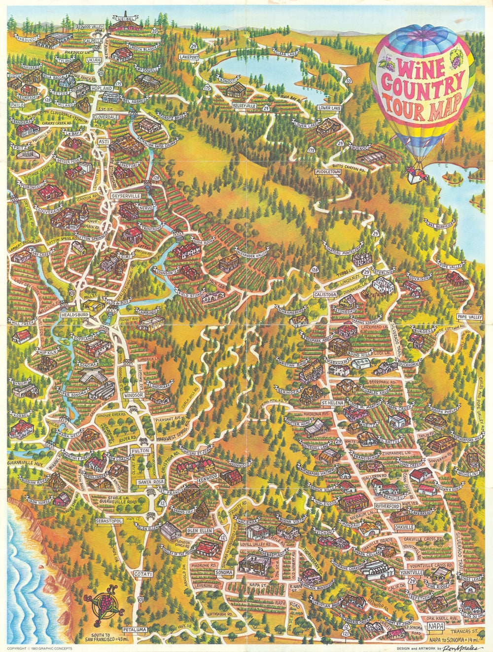 California wine country poster map—Napa, Sonoma, Mendocino & Lake—Morales 1983