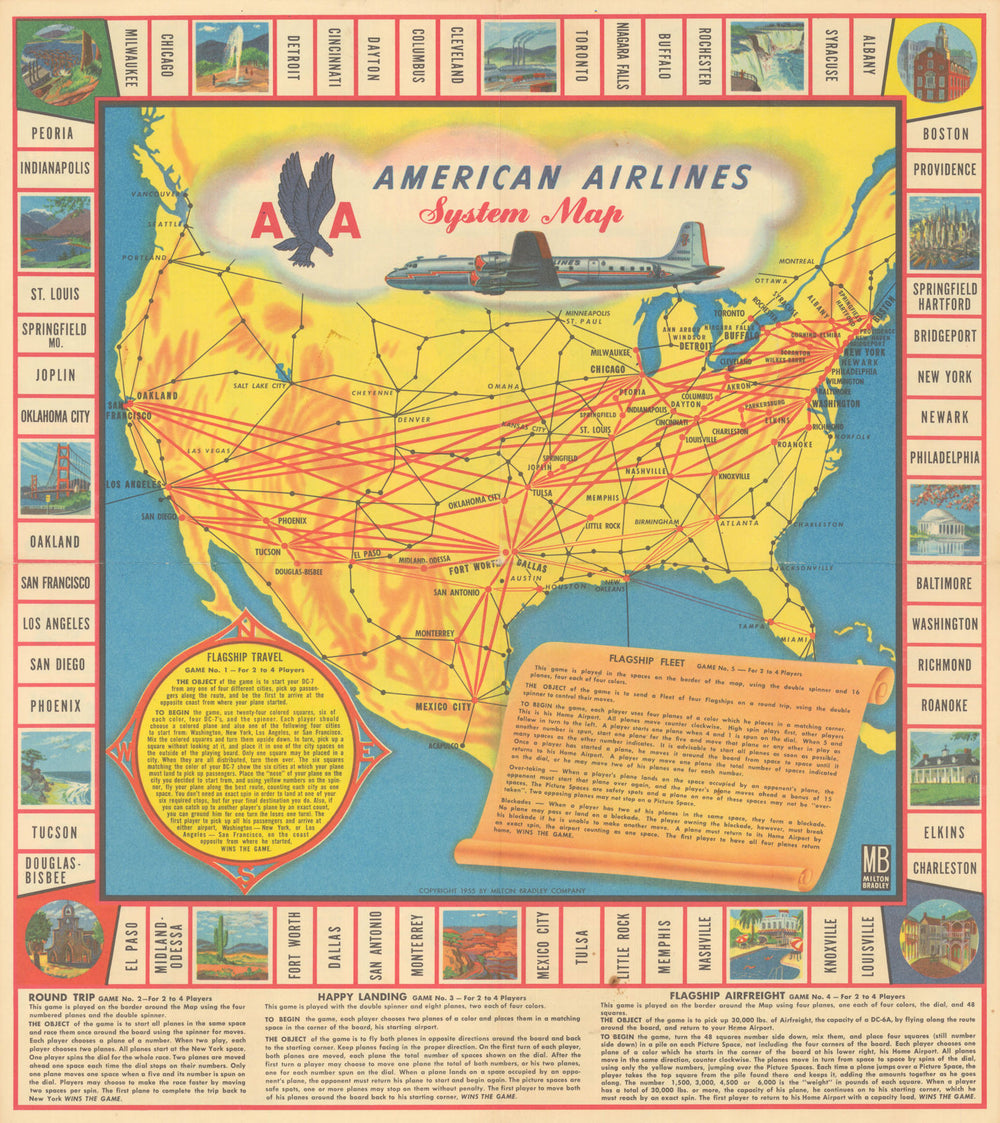 American Airlines System Map—travel gameboard—Milton Bradley/General Mills  1955