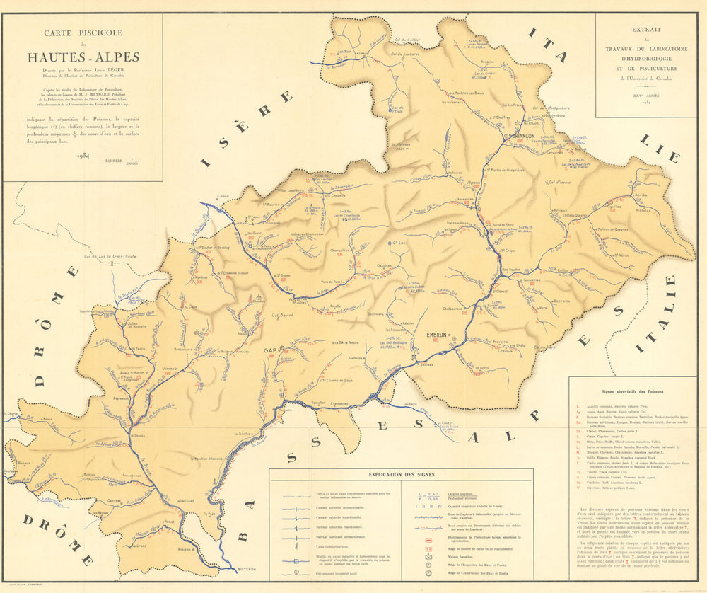Carte Piscicole des Hautes-Alpes—fishing map—species & rivers—Léger 1934