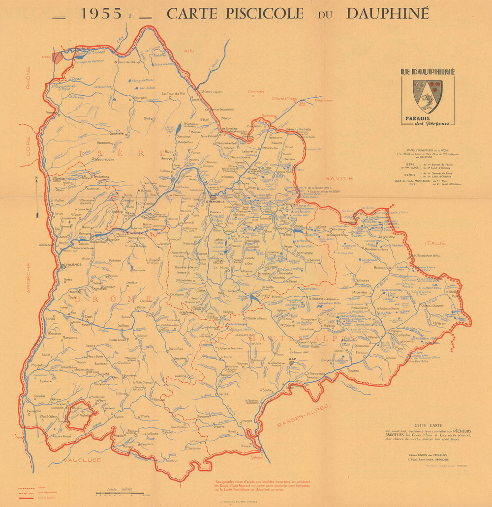 Carte Piscicole du Dauphiné—trout fishing map—rivers lakes angling—Alps 1955