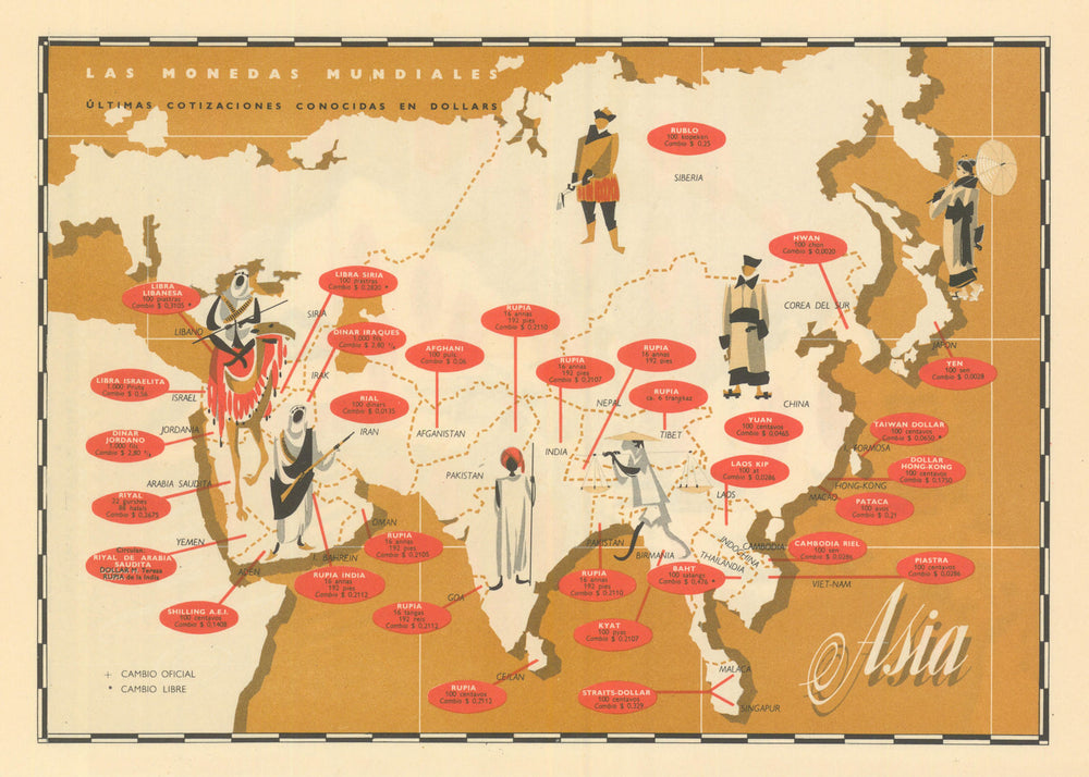 World currencies—Asia—Pictorial US$ exchange-rate map—market & official 1958