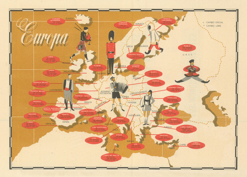 World currencies—Europe—Pictorial US$ exchange-rate map—market & official 1958