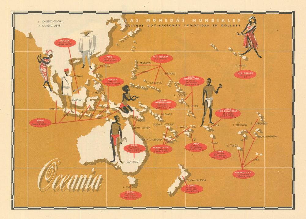 World currencies—Oceania—Pictorial US$ exchange-rate map—market & official 1958