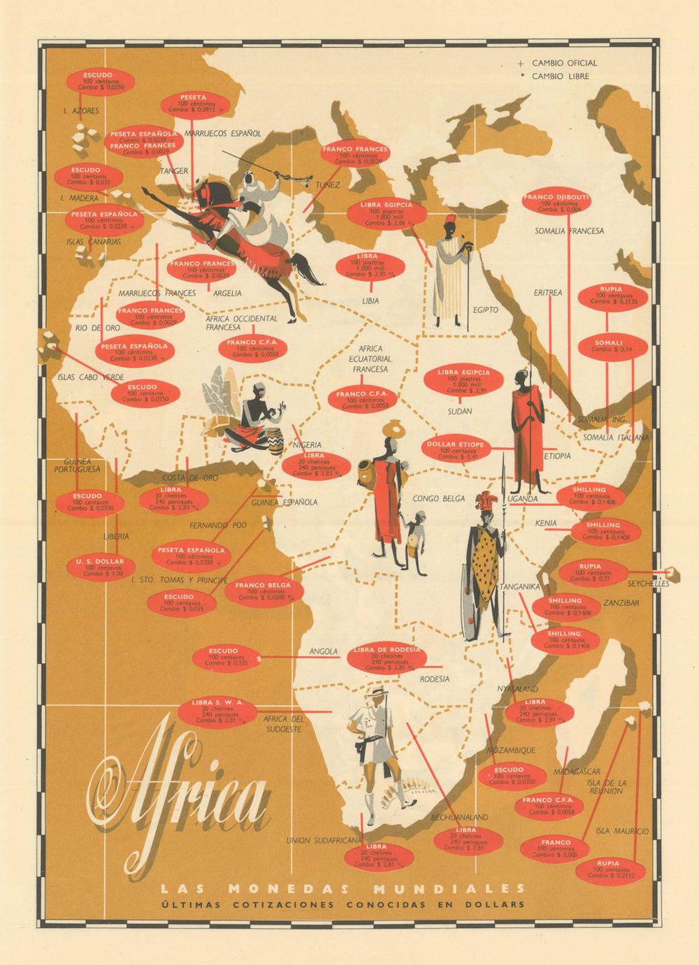 World currencies—Africa—Pictorial US$ exchange-rate map—market & official 1958