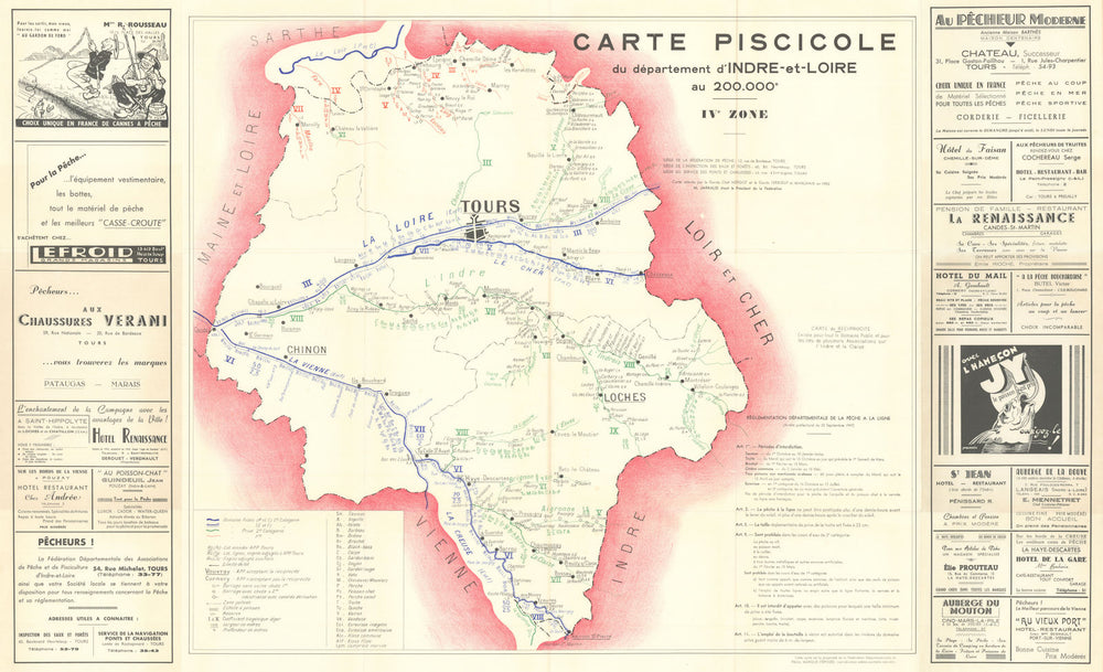 Carte piscicole du département d’Indre-et-Loire—fishing/angling map—species 1950
