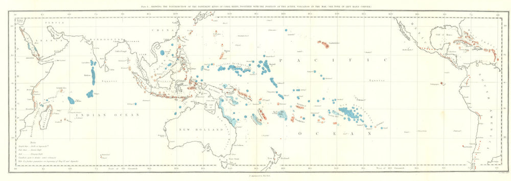 Distribution of… Coral Reefs, together with… active Volcanos—Darwin 1895 map