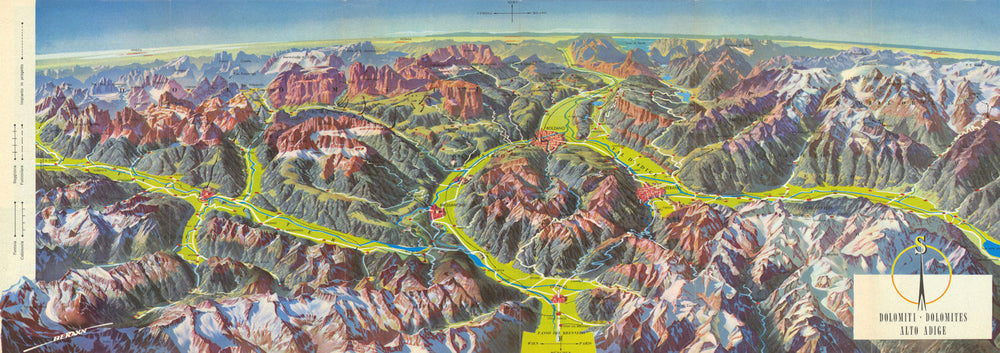 Dolomiti—Dolomites—Alto Adige—Panoramic mountain birds eye view—Berann c1971 map
