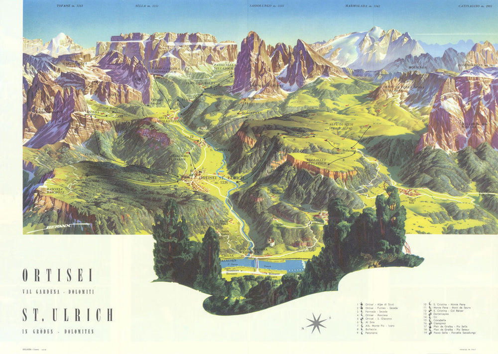 Ortisei—Val Gardena—Dolomiti—St. Ulrich—Dolomiten—Berann panorama 1964 old map