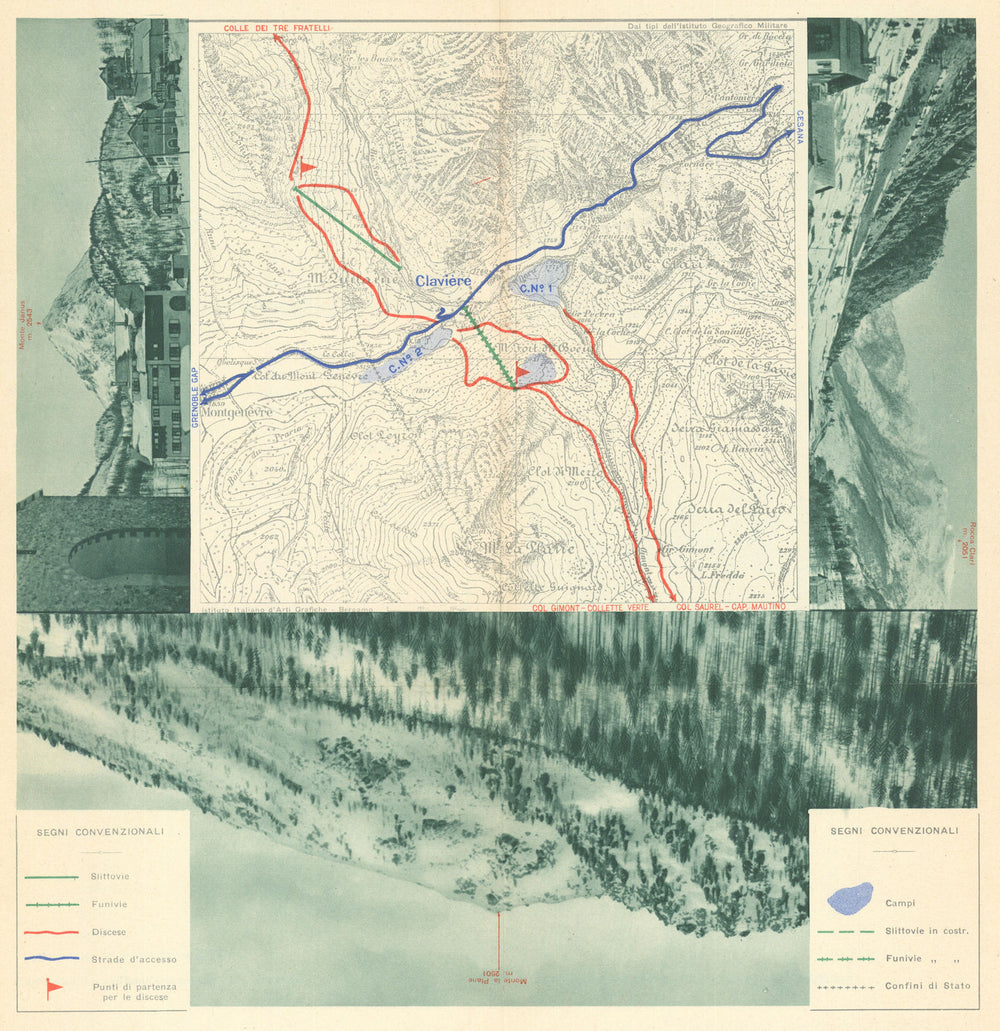 Claviere—Ski resort proto-piste/trail map and mountain panoramas—RACI 1939