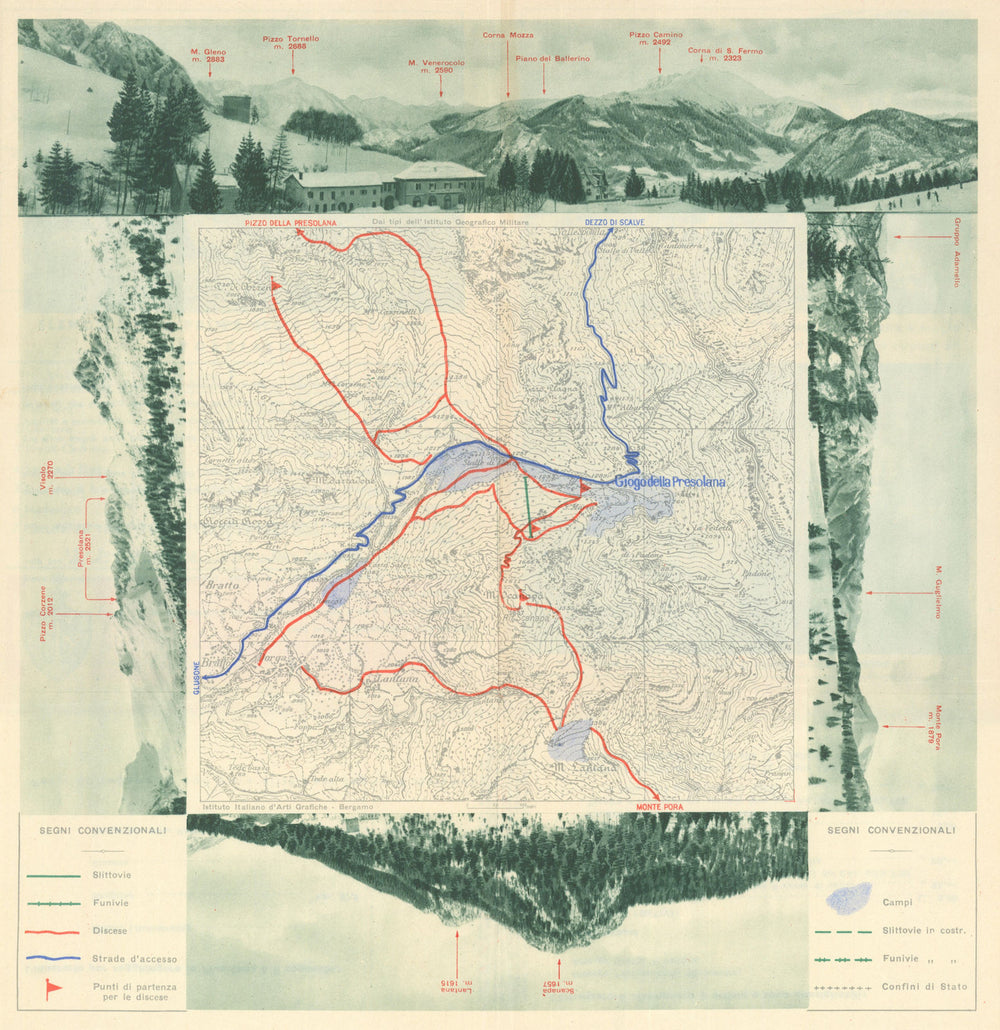 Presolana—Ski resort proto-piste/trail map and mountain panoramas—RACI 1939