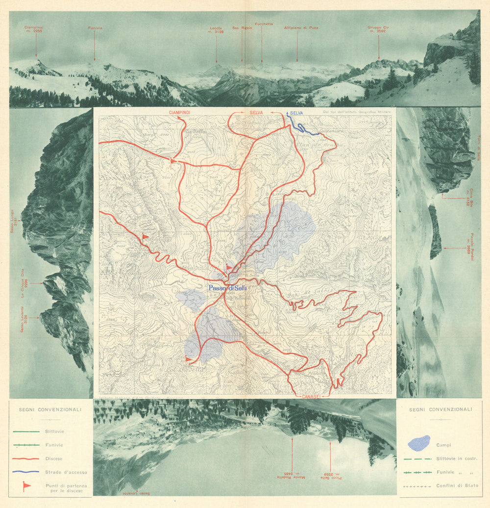 Passo Sella/Val Gardena—Ski resort proto-piste/trail map & panoramas—RACI 1939