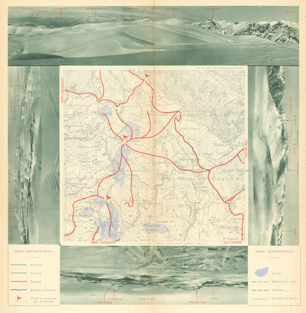 Bosco Chiesanuova—Ski resort proto-piste/trail map/mountain panoramas—RACI 1939