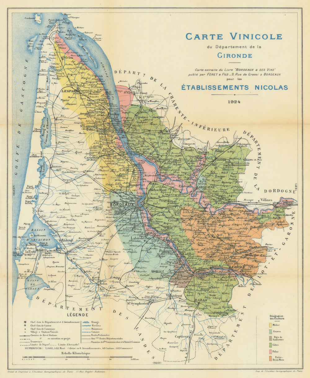 Carte Vinicole du Département de la Gironde. Bordeaux Wine—Féret & Fils 1924 map