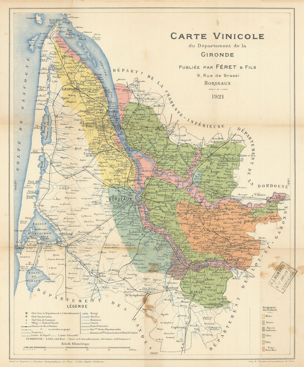 Carte Vinicole du Département de la Gironde. Bordeaux Wine—Féret & Fils 1921 map