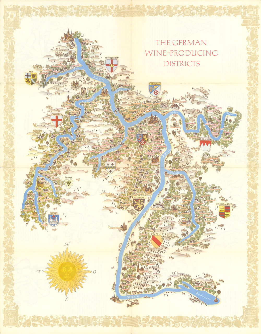 The German wine-producing districts—Rhine & Mosel pictorial poster map c1967