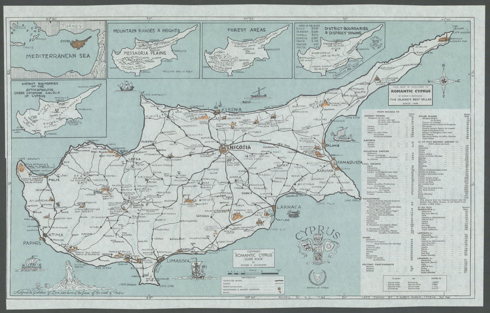 Pictorial map of Cyprus—monasteries, mines & Orthodox dioceses—John Sabry 1967