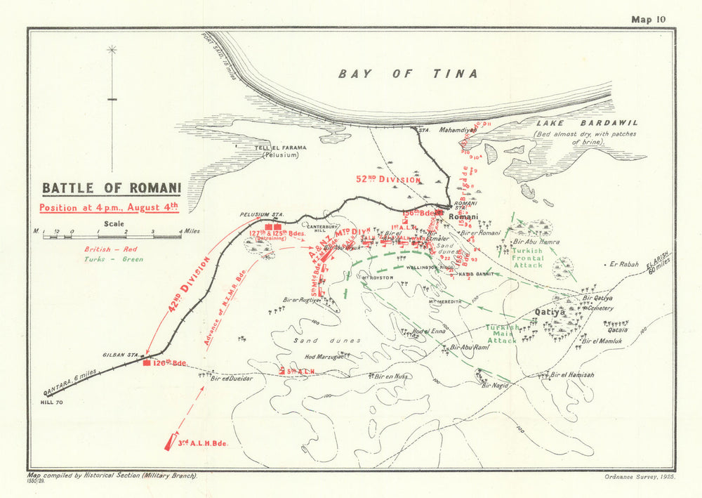 Battle of Romani 4 Aug 1916—position at 4 p.m.—Sinai WW1—Becke folding map 1928