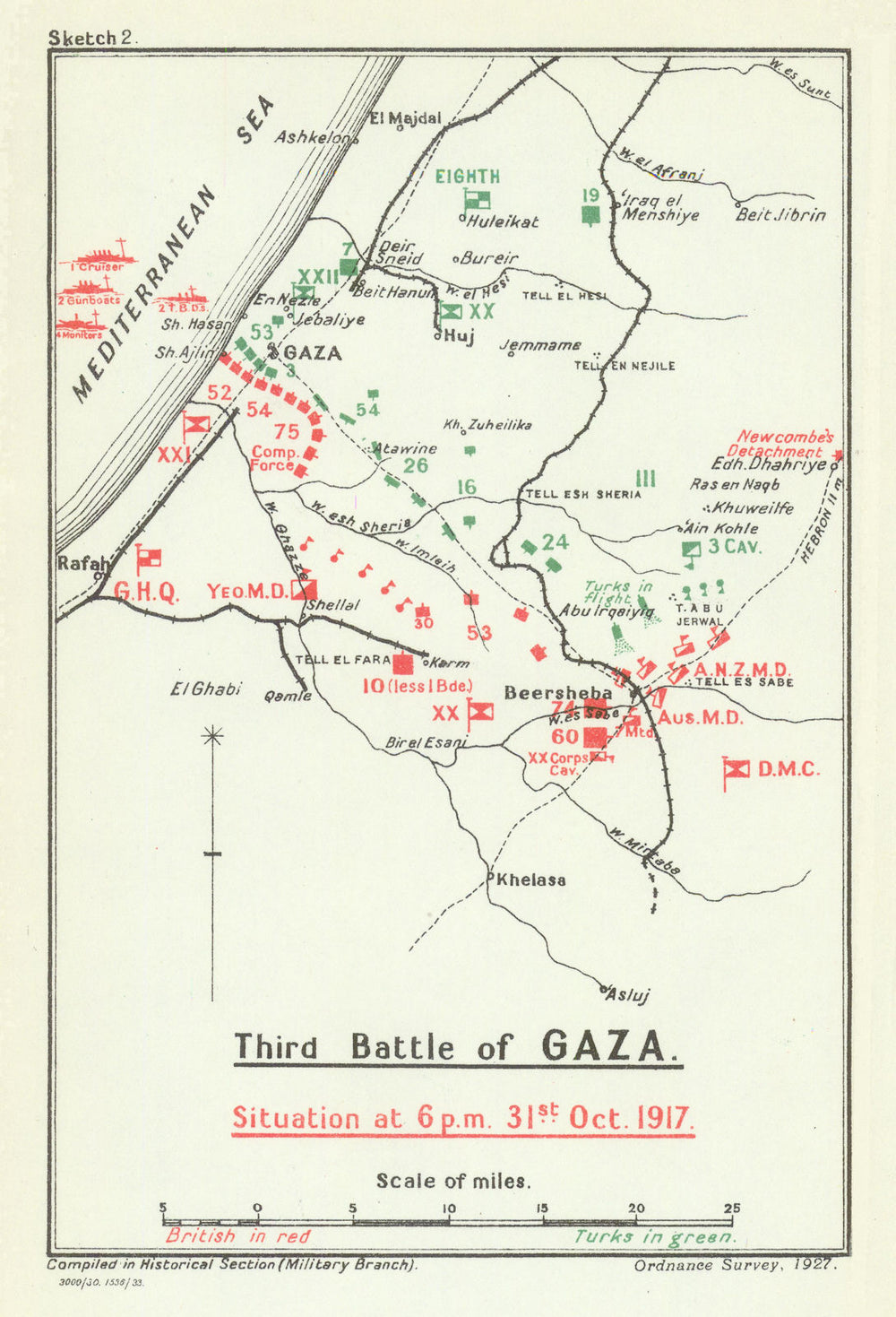 Third Battle of Gaza—situation 6 p.m. 31 Oct 1917—Beersheba—WW1 Becke map 1930