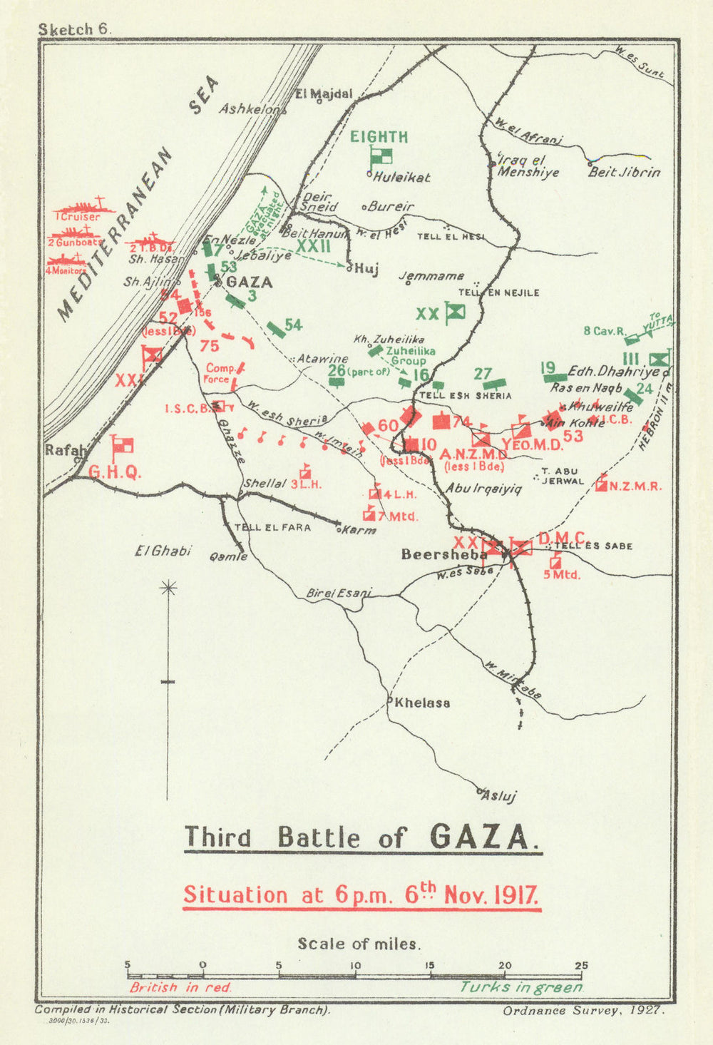 Third Battle of Gaza—situation 6 p.m. 6 Nov 1917—Sheria—WW1 Becke map 1930