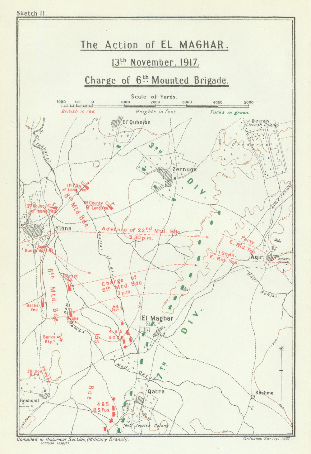 El Maghar 13 Nov 1917—Yeomanry charge at Mughar Ridge—WW1 Becke map 1930