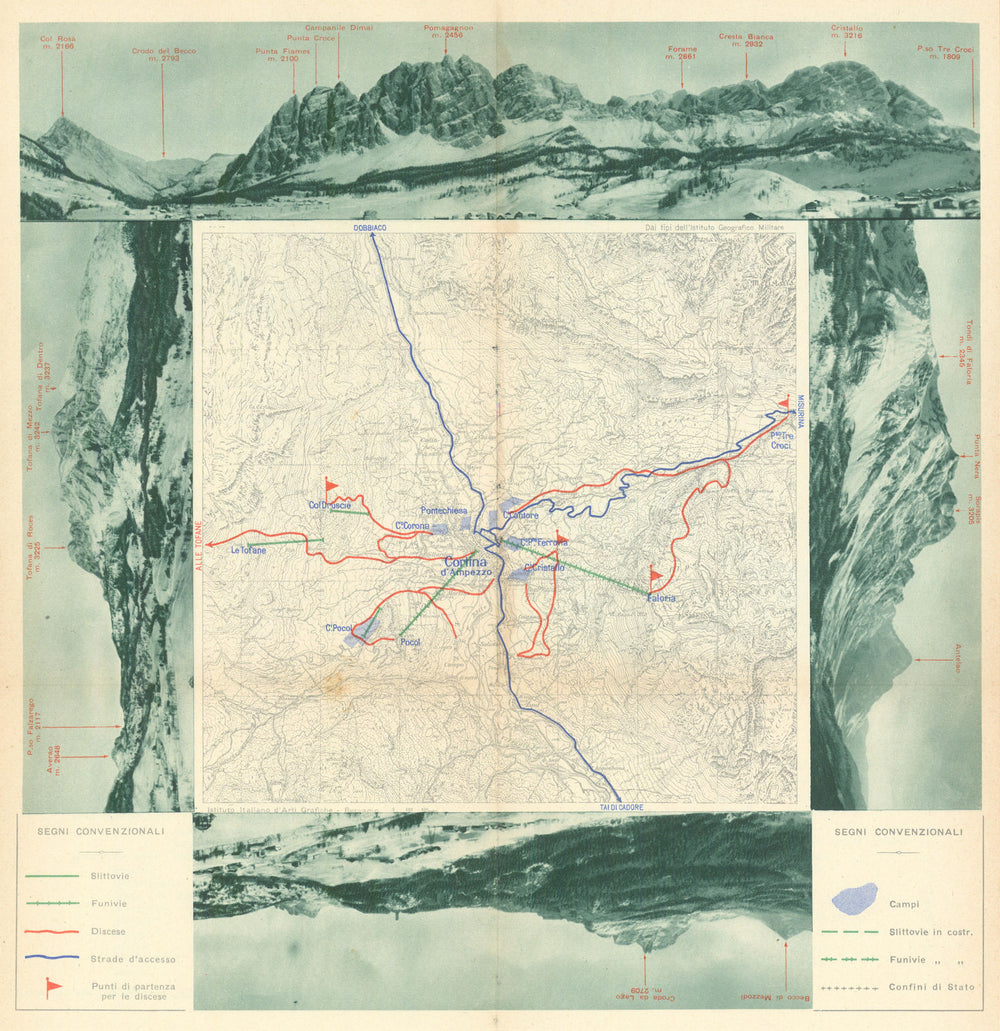 Cortina d’Ampezzo—Ski resort proto-piste/trail map—mountain panoramas—RACI 1939