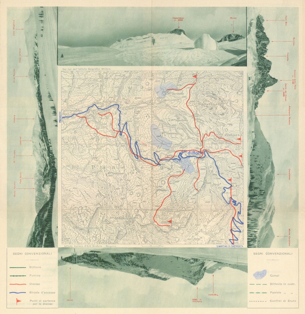 Passo Rolle—Ski resort proto-piste/trail map and mountain panoramas—RACI 1939