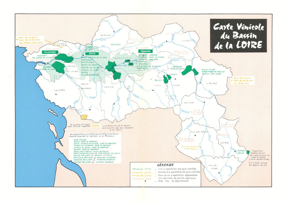 Carte vinicole du bassin de la Loire—Touraine—Anjou—Muscadet—wine map c1960