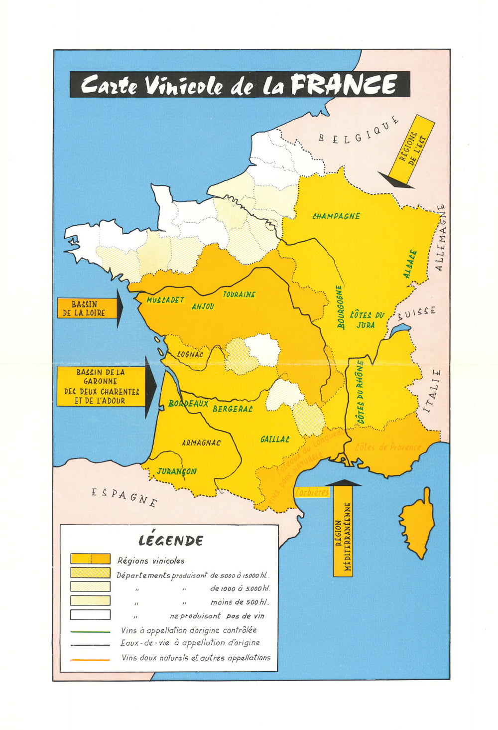 Carte vinicole de la France—French wine regions map—Féret c1960 old