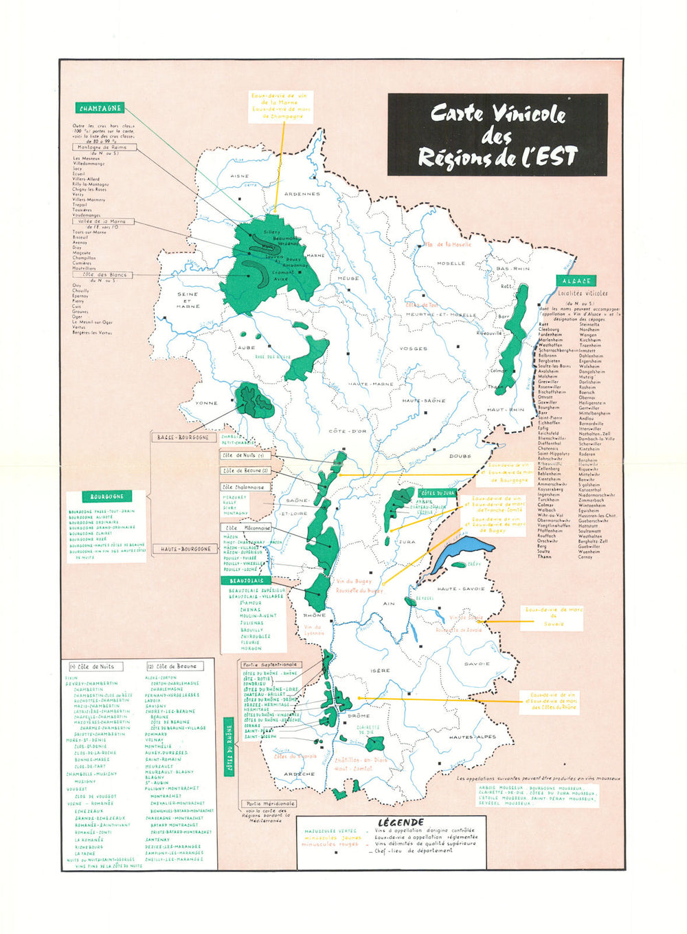 Eastern France wine map—Burgundy—Champagne—Alsace—Jura—Rhône—Savoie—Féret c1960