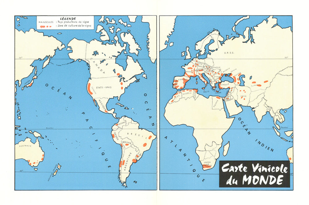 Carte vinicole du Monde—World wine-growing regions map—Féret c1960 old