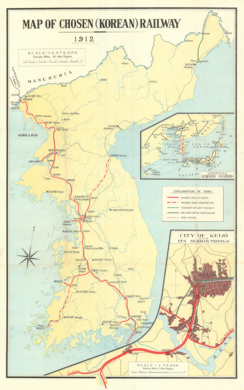 Map of Chosen (Korean) Railway—Keijo/Seoul inset. With original booklet 1912