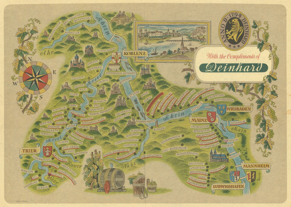 Deinhard German wine regions—Rhine & Moselle pictorial map—Koblenz inset c1956