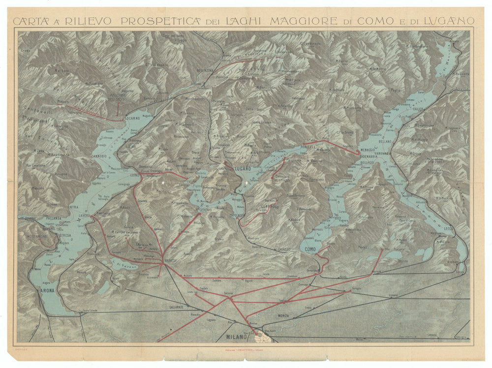 Italian Lakes railway & steamer map & timetable—Lago Lugano—Maggiore—Como 1910
