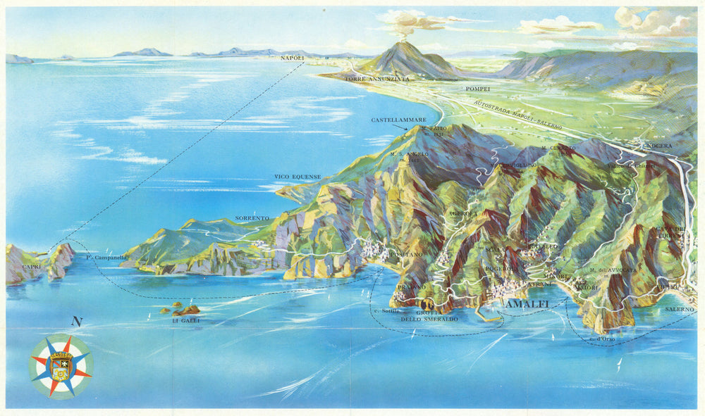 Amalfi Coast pictorial panoramic map—Positano—Capri—Ravello—Praiano c1970
