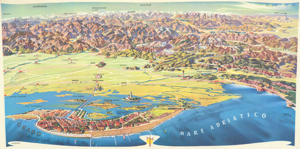 Grado & Upper Adriatic pictorial panoramic map by Hans Oberbacher—Dolomites 1963