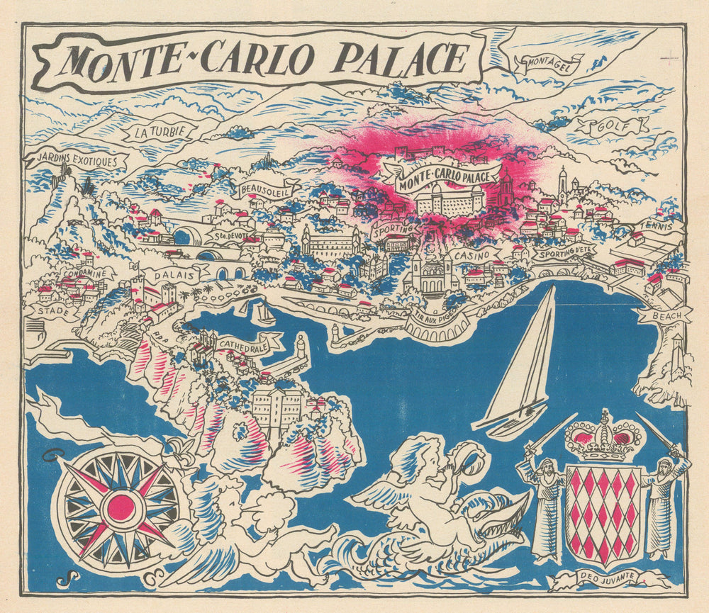 Monte-Carlo Palace hotel pictorial map & brochure—Monaco town city plan c1955