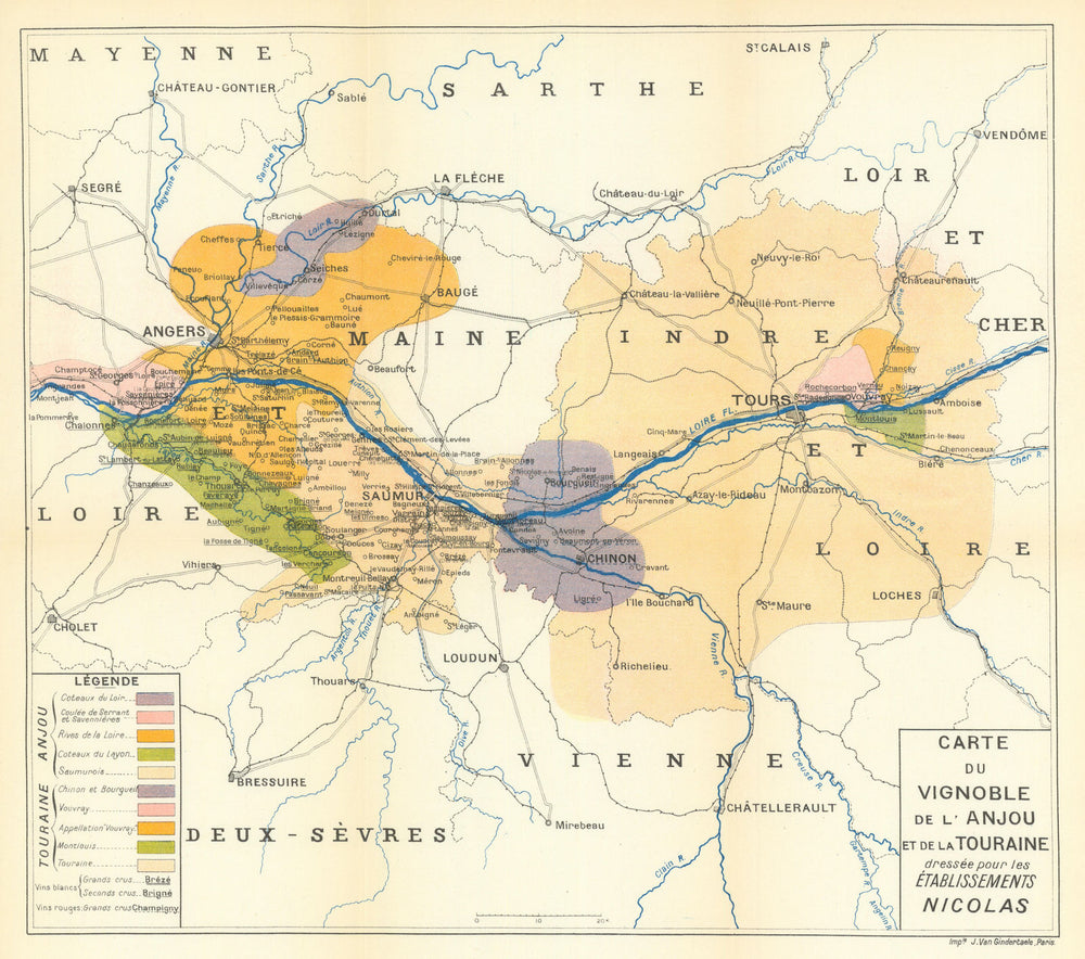 Loire valley—Anjou & Touraine vineyards—Carte du vignoble—Nicolas wine map 1927