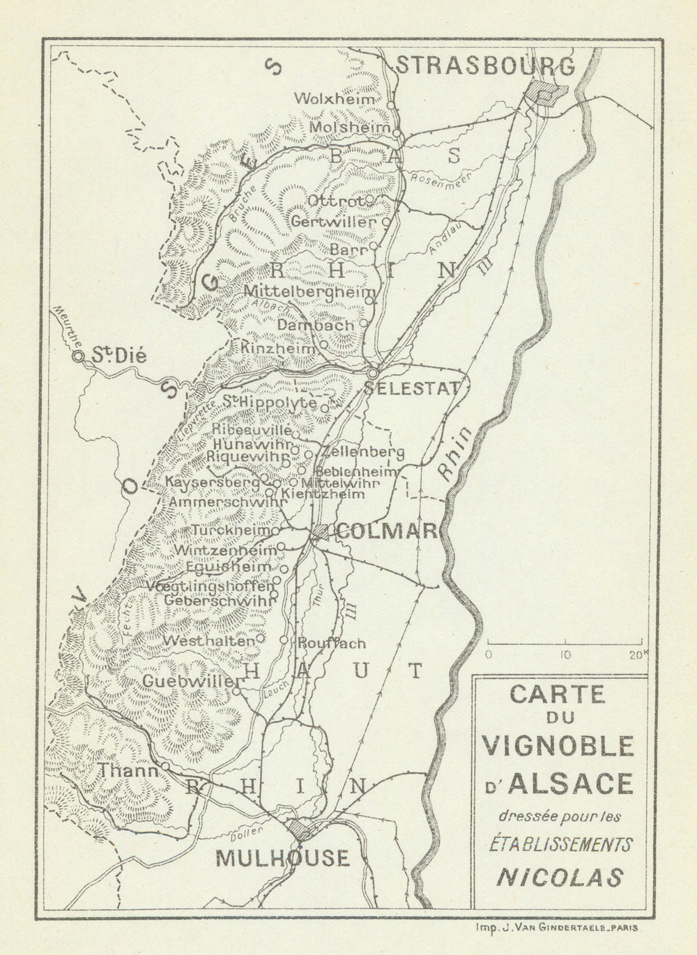 Alsace wine region/villages map—Carte du vignoble d’Alsace—Nicolas 1927