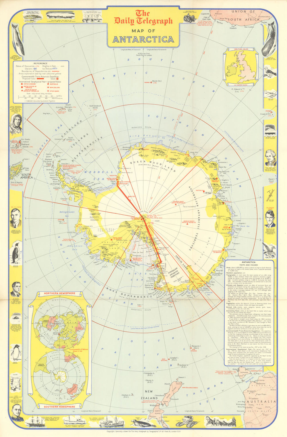 Daily Telegraph Map—Antarctica—CTAE—International Geophysical Year bases c1956