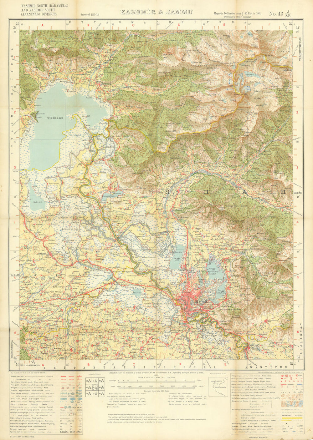 Kashmir & Jammu—Srinagar—Dal, Anchar & Wular lakes—Survey of India 1938 map
